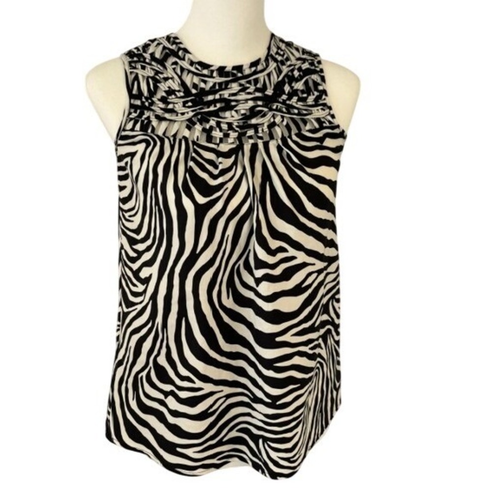 Banana Republic Blouse Women XS Black White Zebra Print Woven Neck Sleeveless